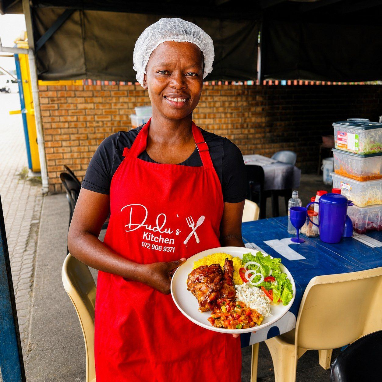 Dudu holding a plate of food at Dudu's Kitchen